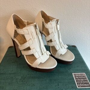 JESSICA SIMPSON Stiletto Wood Larina White Zipper Platform Sandals Size 5.5
